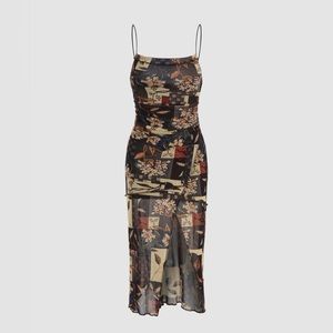 Cider Brown and Black Floral and Leaf Print Midi Dress